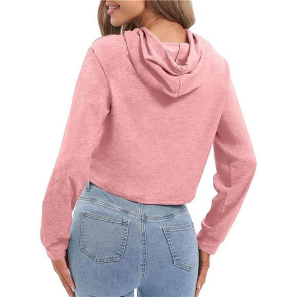 Womens Casual Drawstring Zip Up Hoodie Cute Workout Crop Top - Picture 3 of 6
